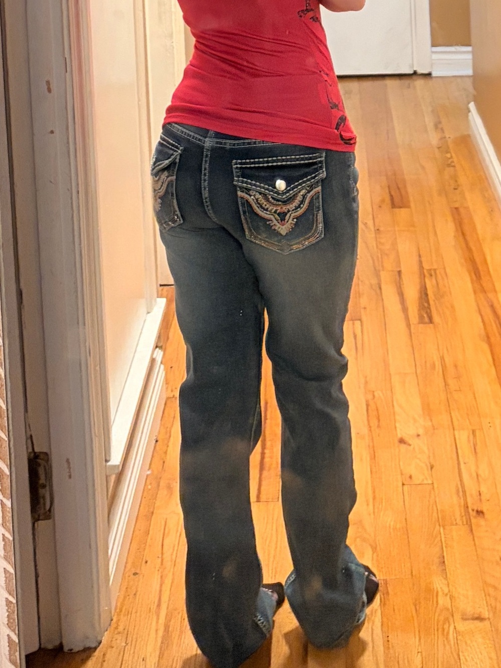 Source Unknown Red Top with Dark Wash Boot Cut Jeans